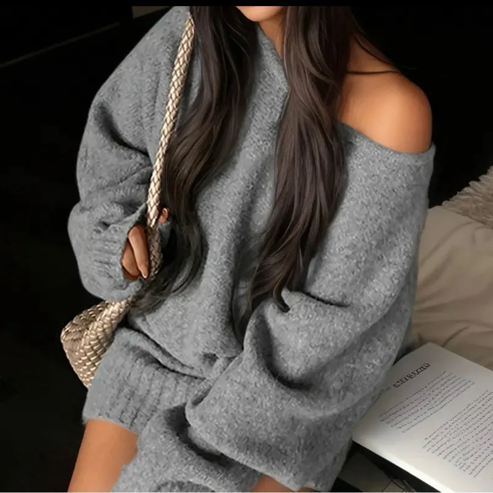 Cozy Gray Off-Shoulder Sweater Dress - Large - Picture 1 of 8